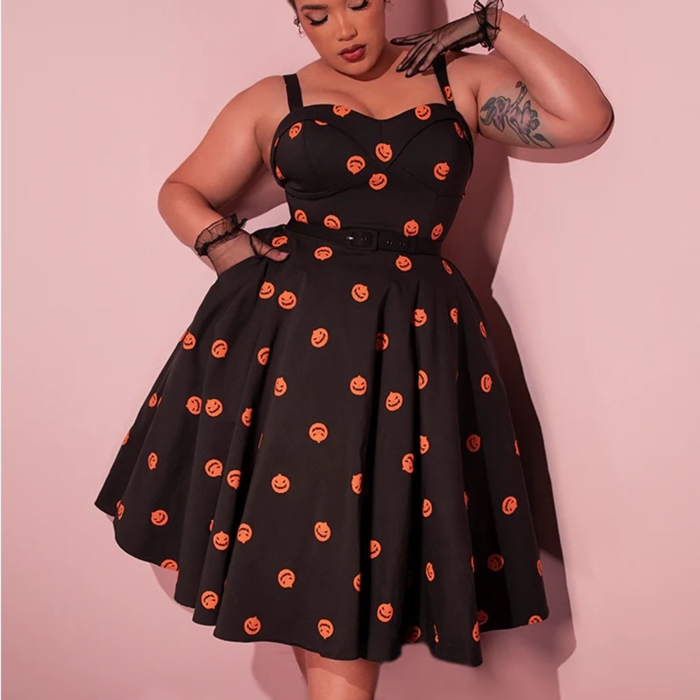 Vixen by Micheline Pitt - Black & Orange Pumpkin Print Fit-and-Flare Dress